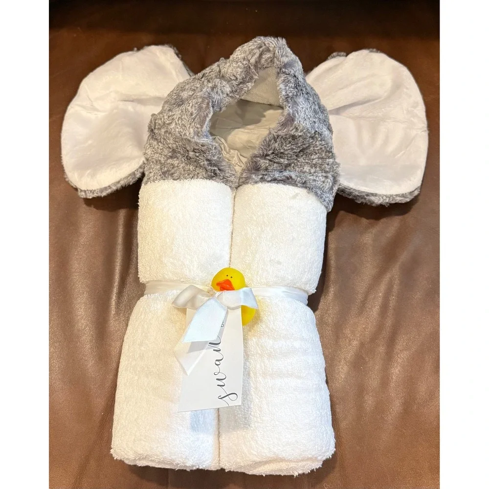 Swankie Blankie Minky Hooded Towel White Grey Elephant Faux Fur Ears Plush NEW